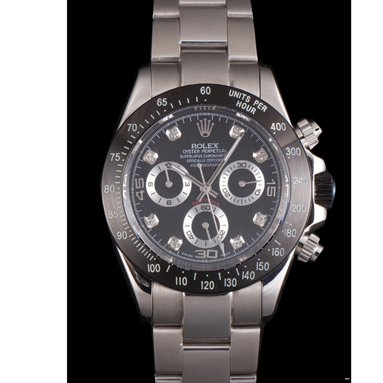 Aaa replica watch Stainless Black Dial Enameled Rolex Black Steel Daytona 0707